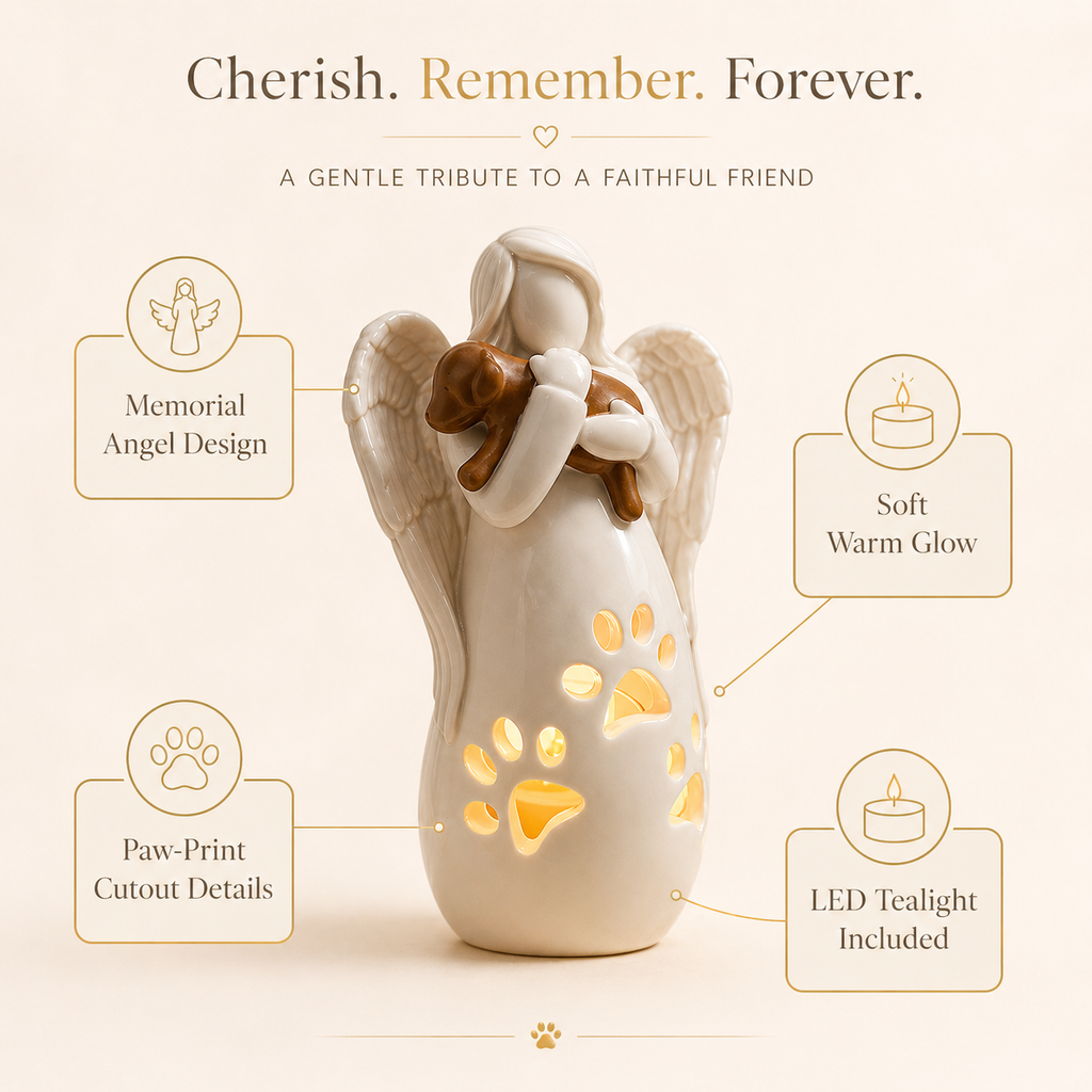 Dog's Angel Candle Holder Memorial Statue with Flickering LED Candle