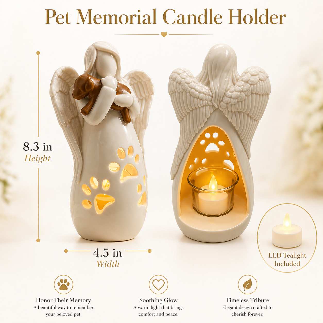 Dog's Angel Candle Holder Memorial Statue with Flickering LED Candle