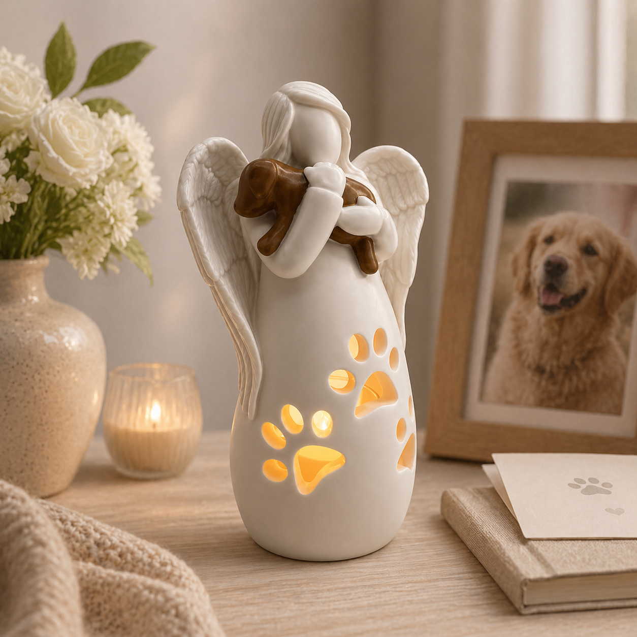 Dog's Angel Candle Holder Memorial Statue with Flickering LED Candle