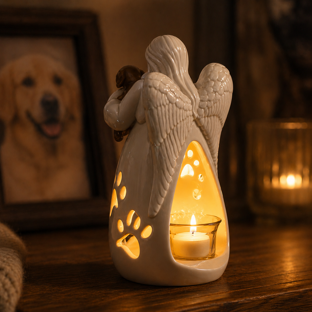 Dog's Angel Candle Holder Memorial Statue with Flickering LED Candle