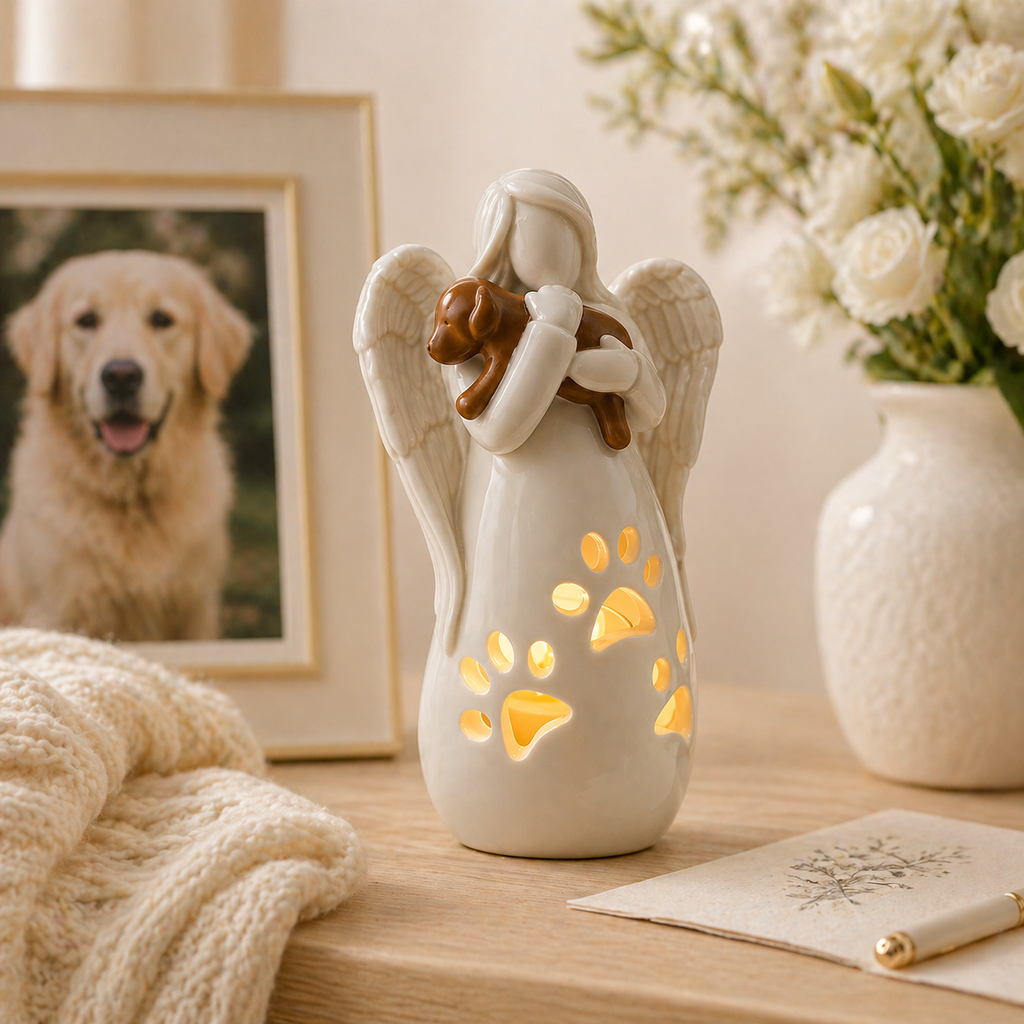 Dog's Angel Candle Holder Memorial Statue with Flickering LED Candle