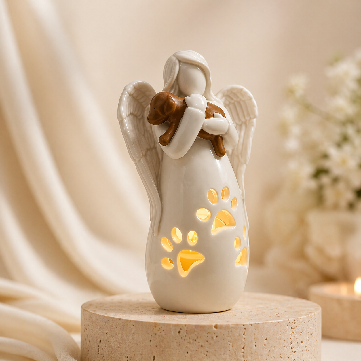 Dog's Angel Candle Holder Memorial Statue with Flickering LED Candle