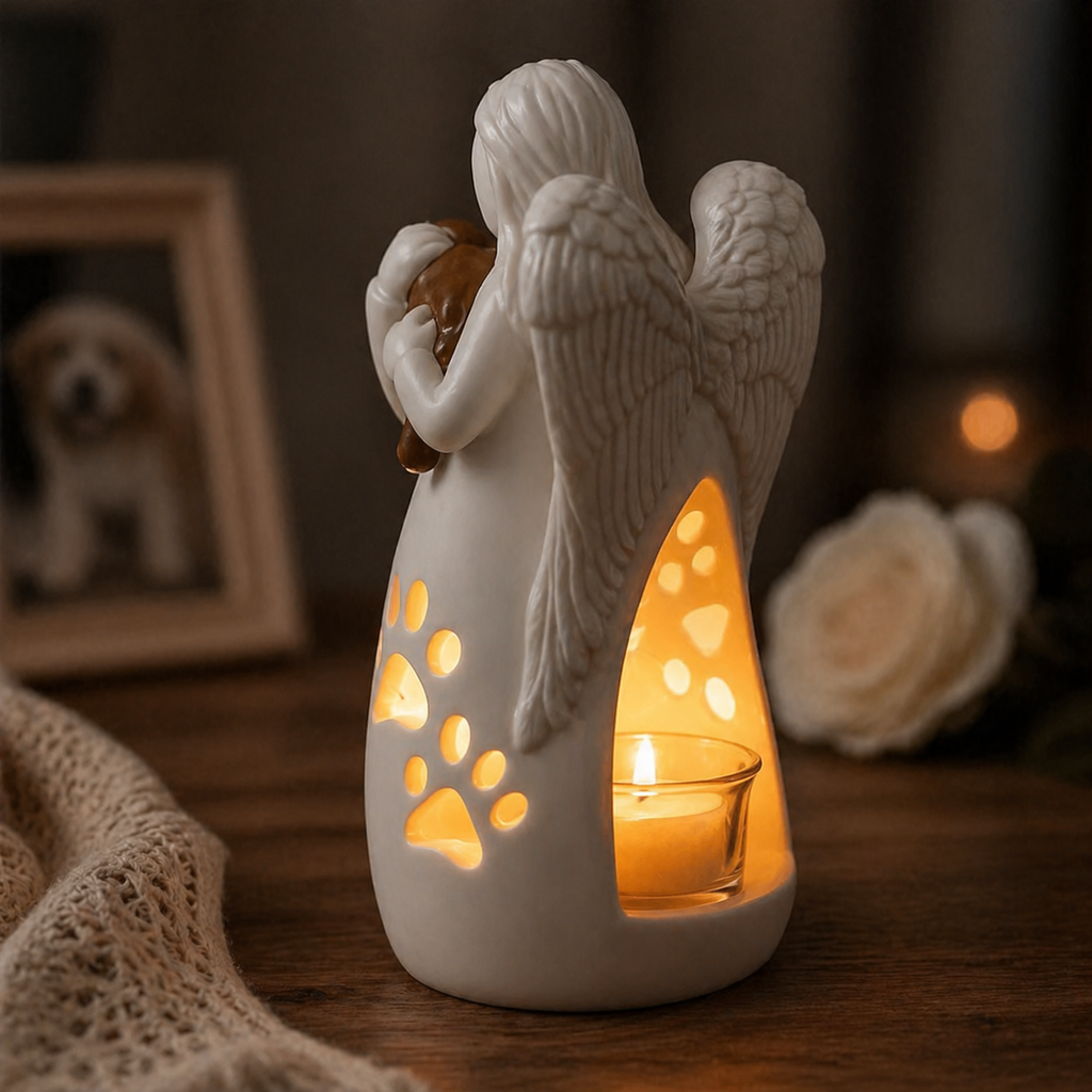 Dog's Angel Candle Holder Memorial Statue with Flickering LED Candle
