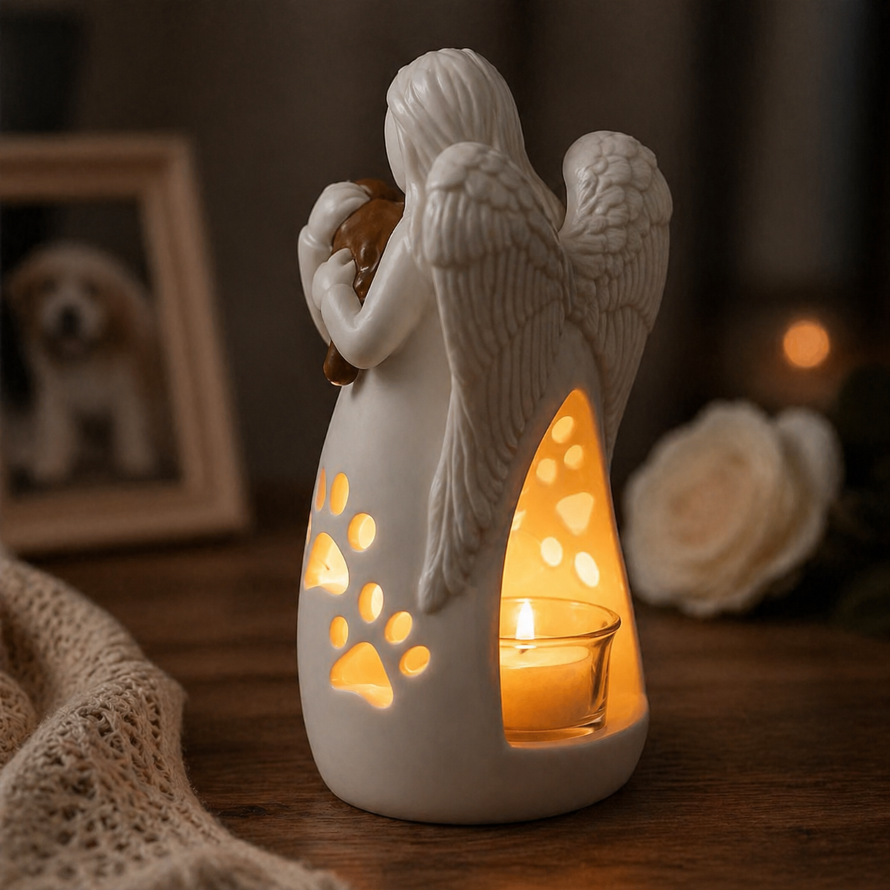 Dog's Angel Candle Holder Memorial Statue with Flickering LED Candle
